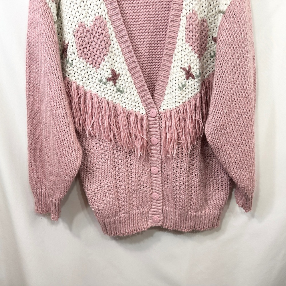 VTG Plus Size 20W Sweater Pink Hand Knit Heart Fringe Cardigan Cottagecore 774 - Picture 4 of 10